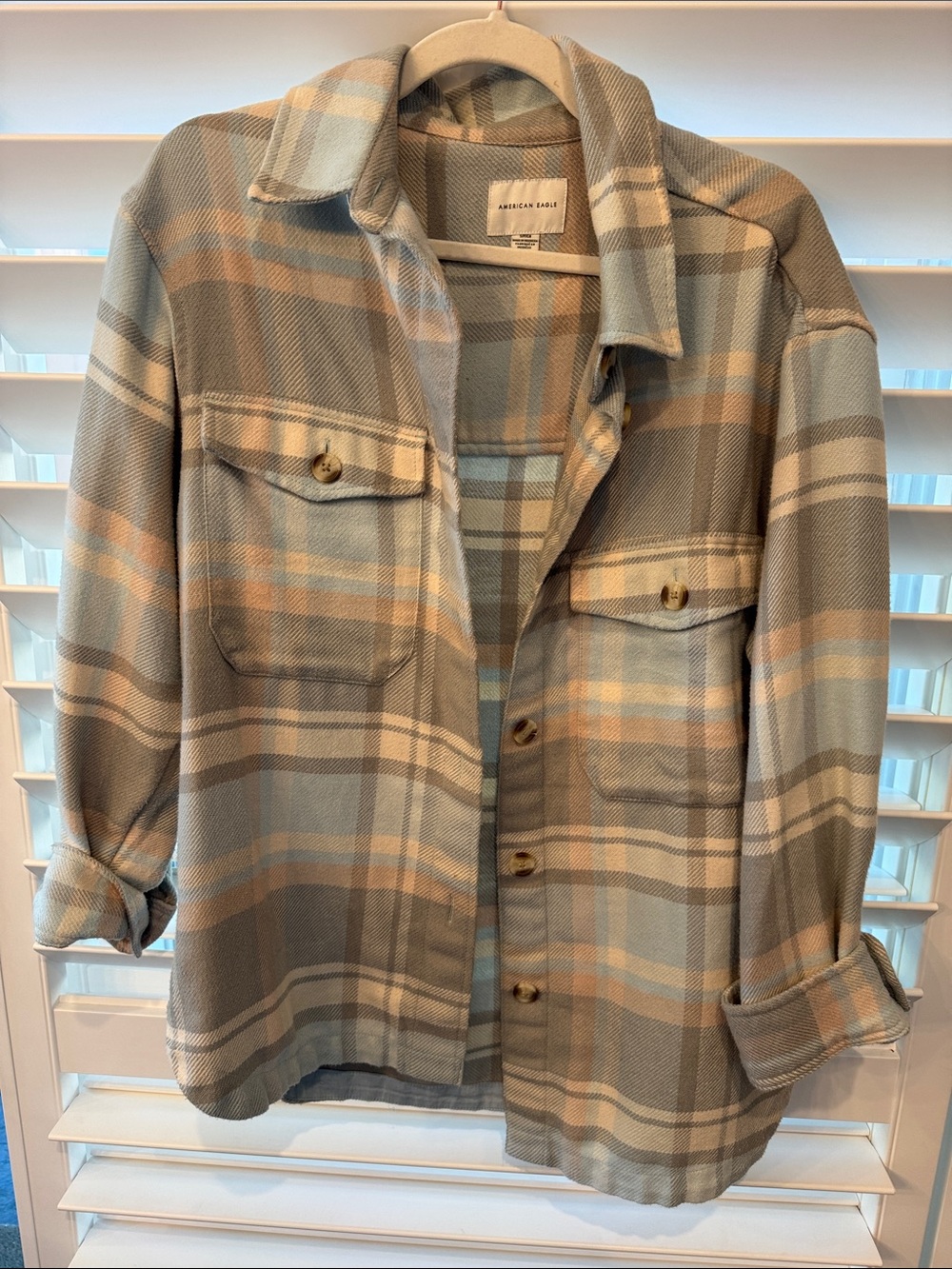 American Eagle Outfitters Plaid Utility Shacket in Gray and Beige